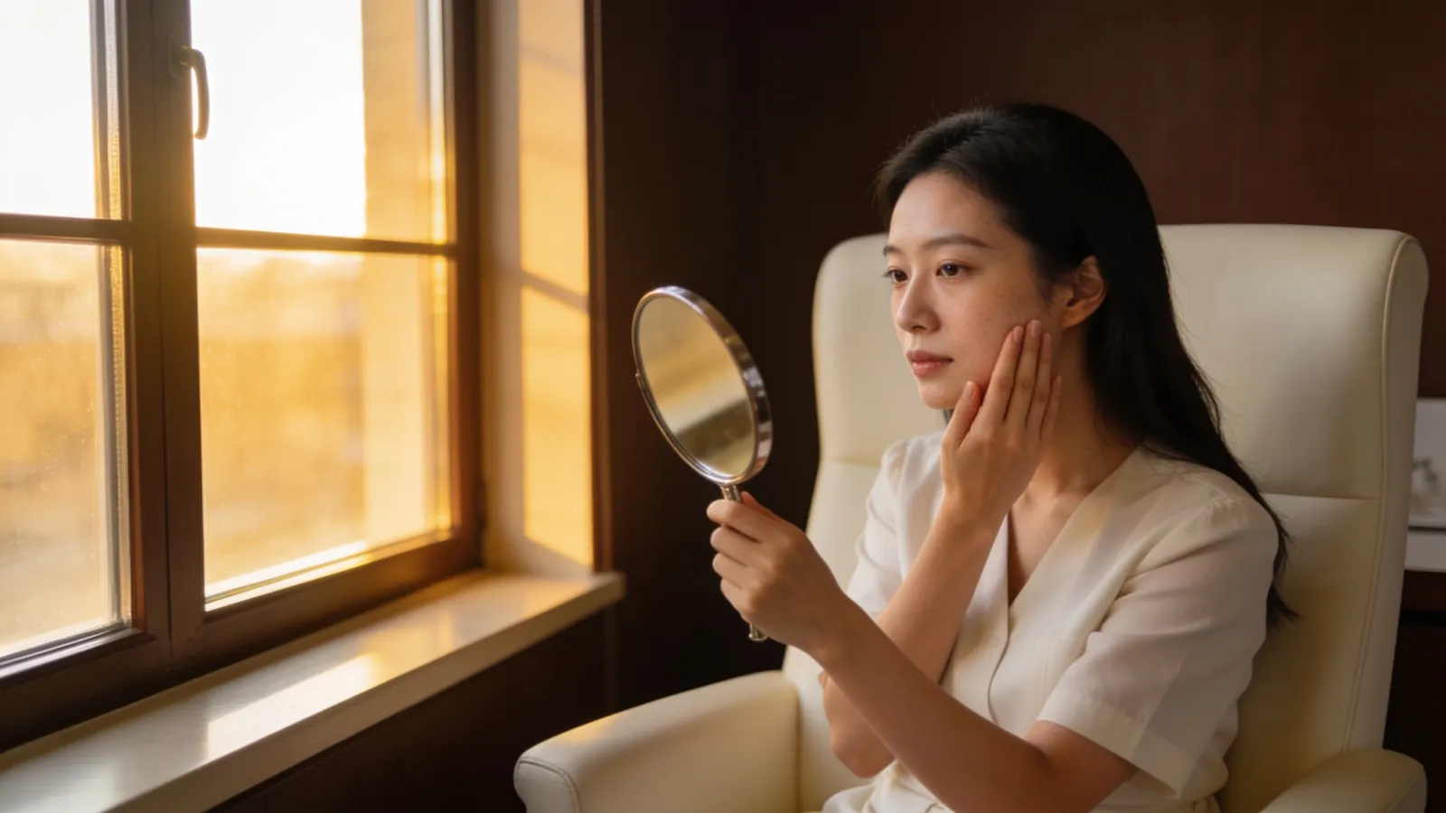 An East Asian woman in her late 20s seated by a tall window — illustrative image