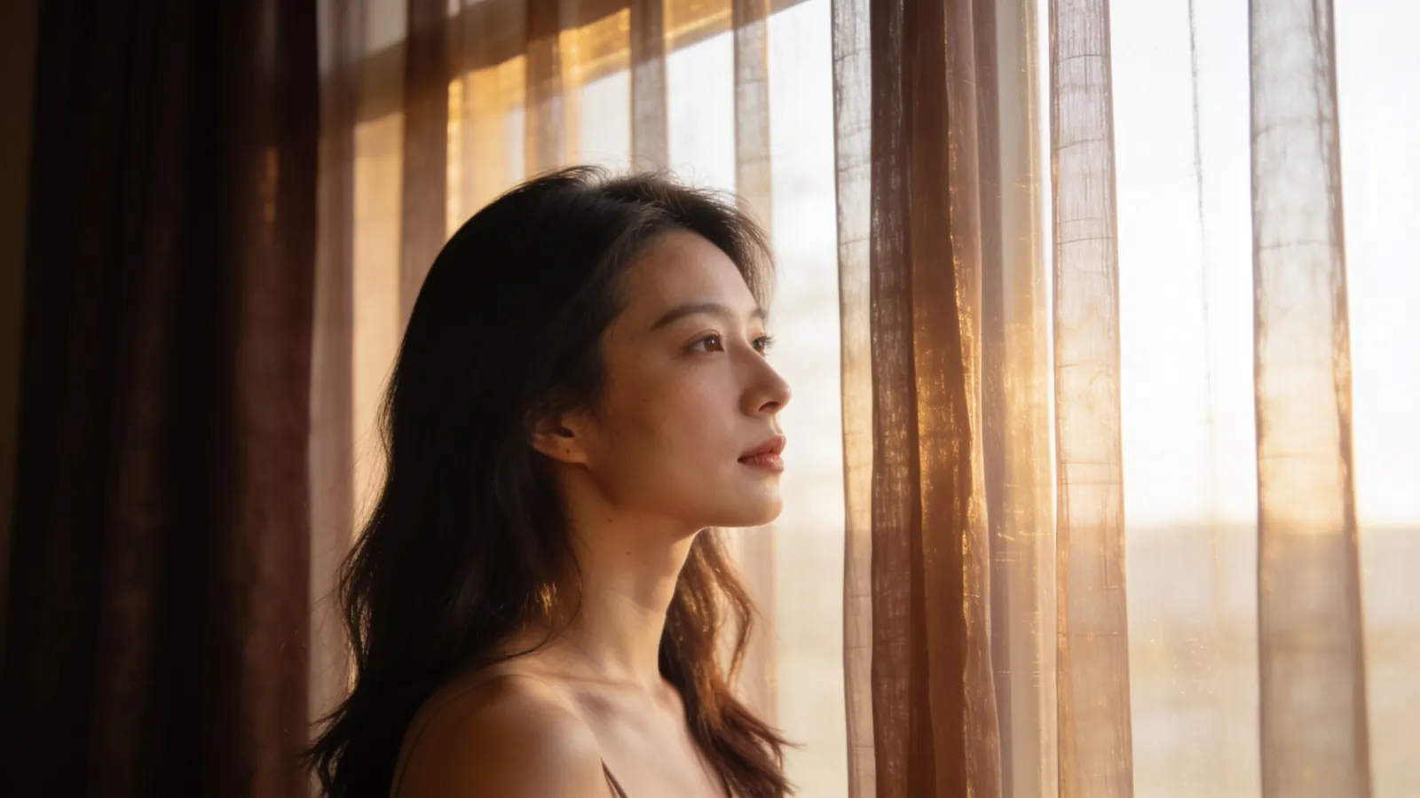 An East Asian woman in her late 20s seated by a tall window — illustrative image