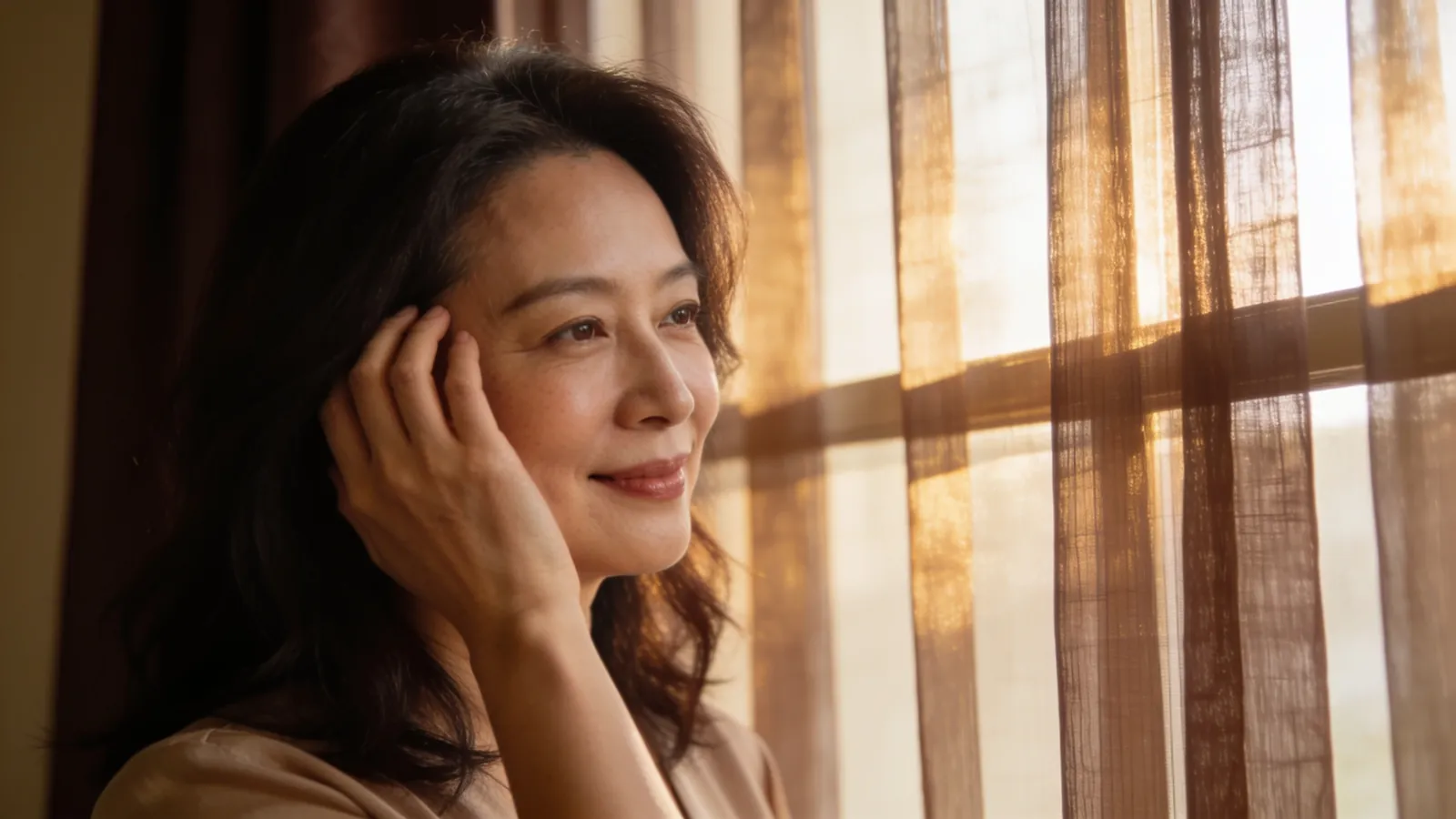 An East Asian woman in her late 40s with healthy firm skin — illustrative image