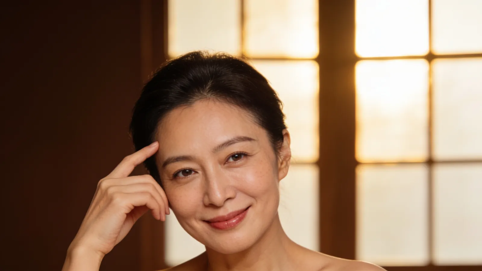 An East Asian woman in her late 40s with healthy firm skin — illustrative image
