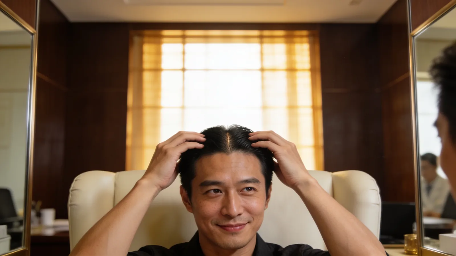 An East Asian man in his 30s running his fingers through thick dark hair at the hairline — illustrative image