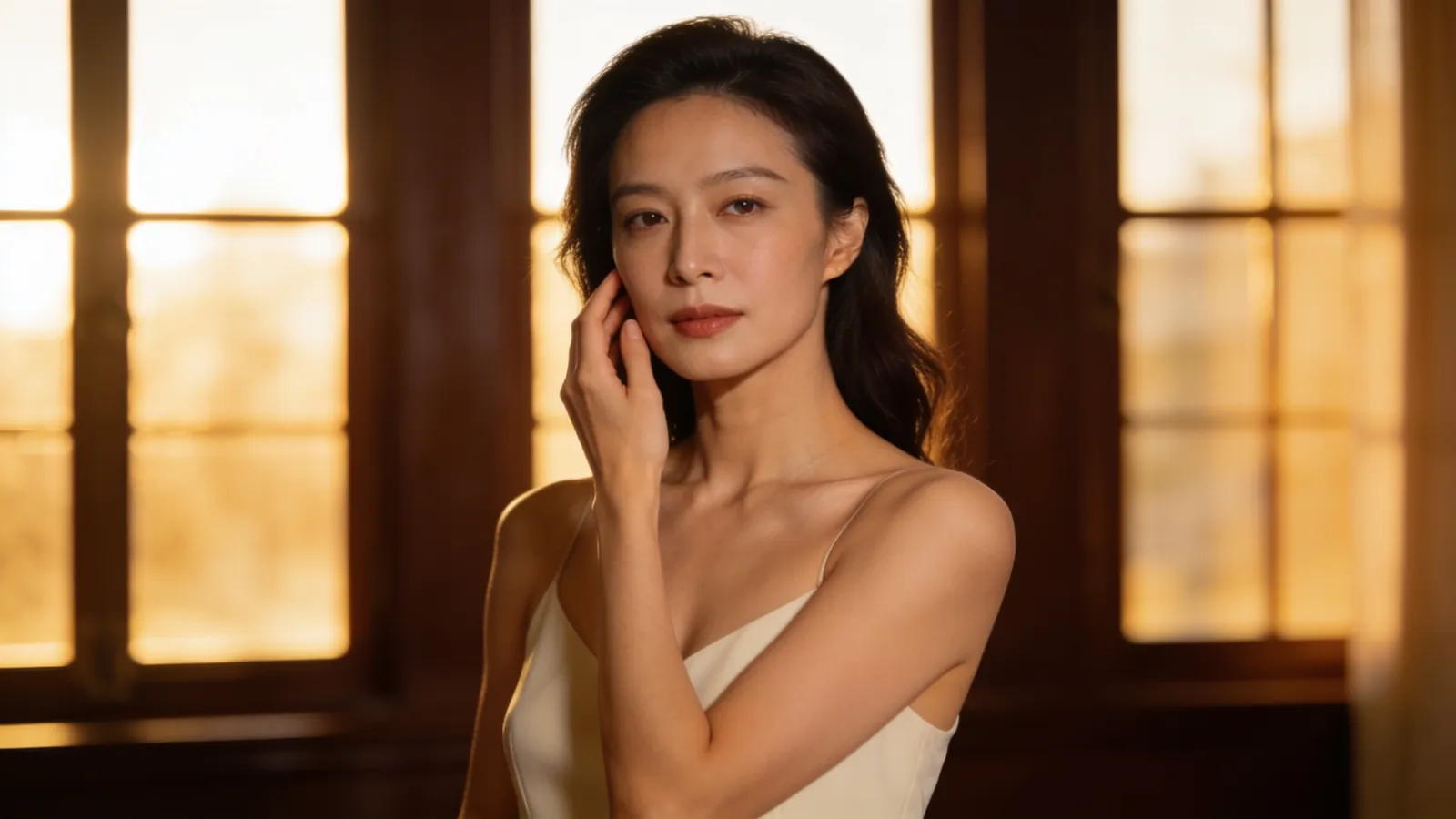 An East Asian woman in her 30s with a slim V-shaped jawline — illustrative image