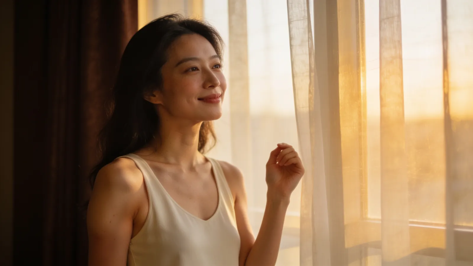 An East Asian woman in a cream sleeveless top raising one arm slightly — illustrative image