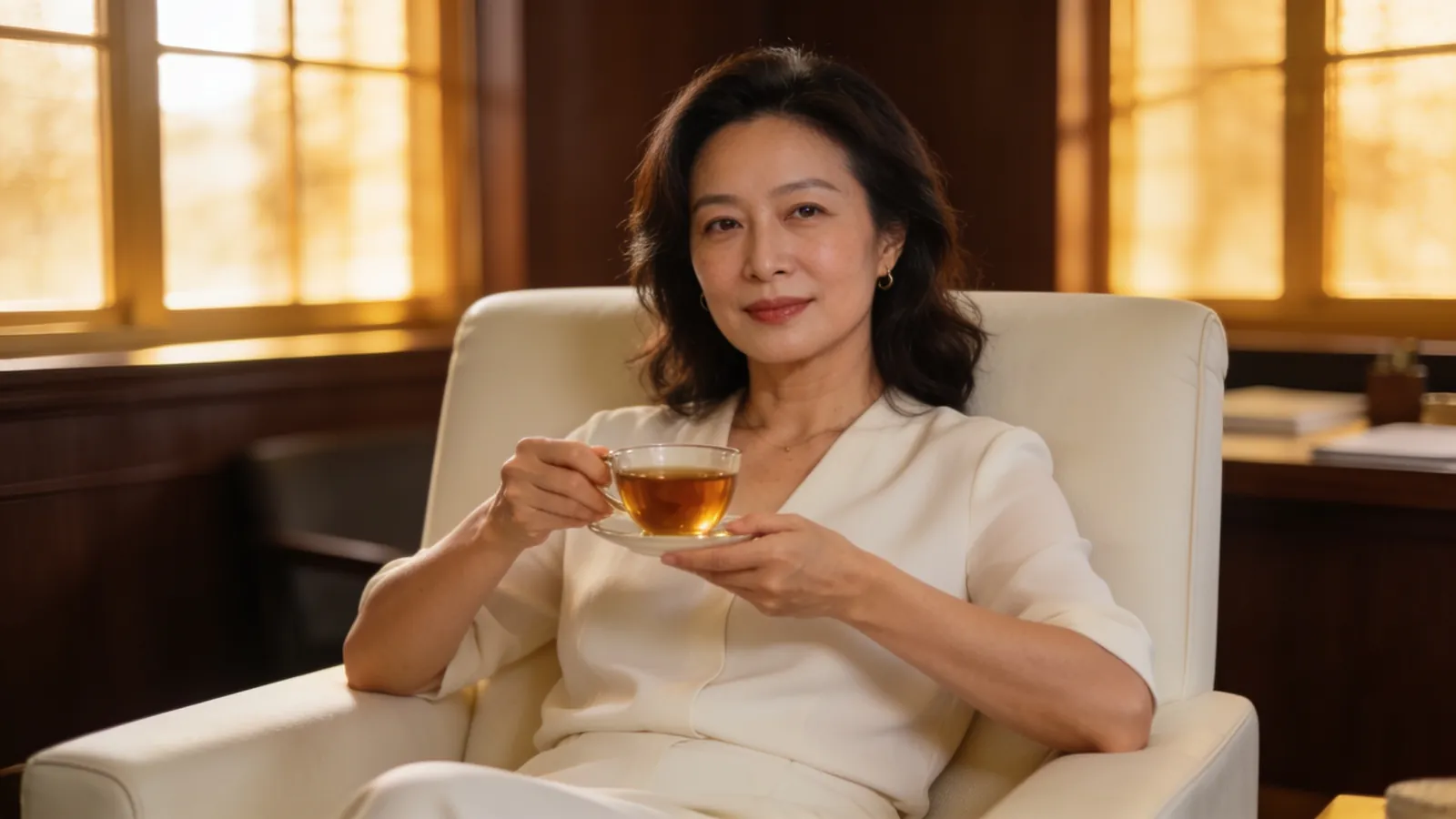An East Asian woman in her 40s sitting relaxed on a cream sofa holding a cup of tea — illustrative image