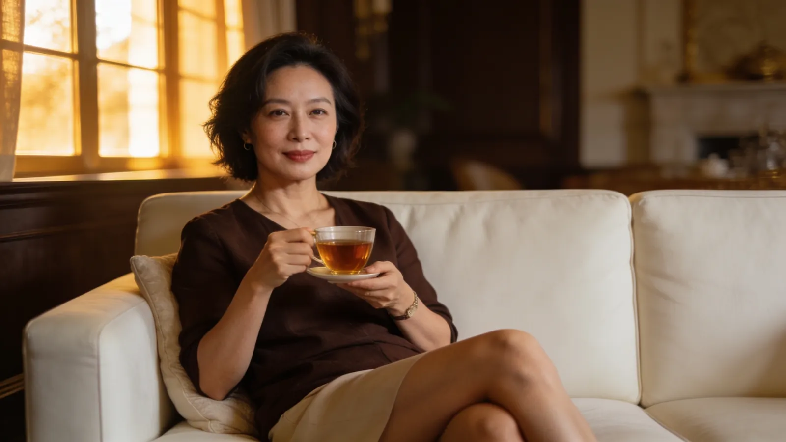 An East Asian woman in her 40s sitting relaxed on a cream sofa holding a cup of tea — illustrative image