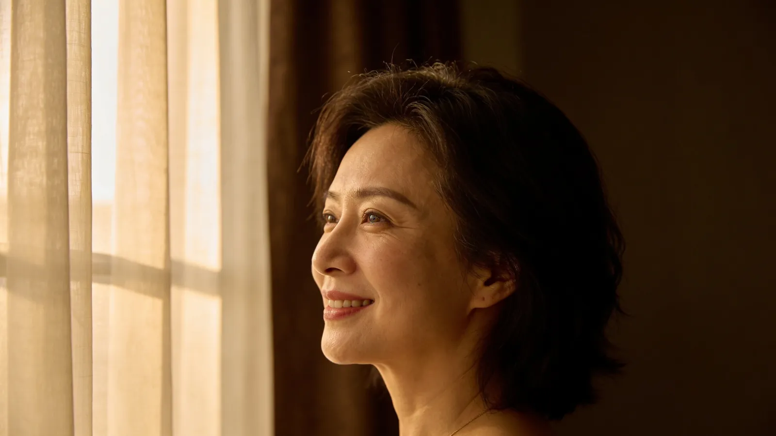 An East Asian woman in her mid 40s smiling softly — illustrative image