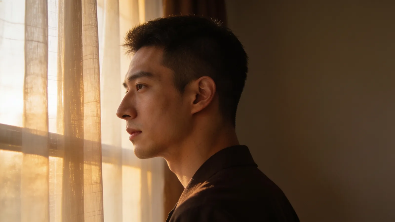 An East Asian man in his late 20s in three-quarter profile with a defined nose bridge — illustrative image