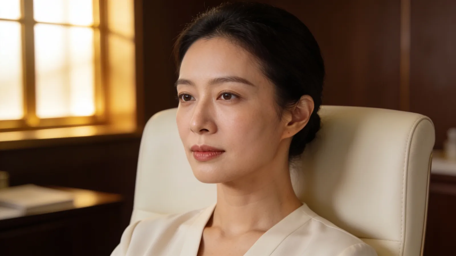 An East Asian woman in her 30s with smooth refined skin on her cheek and nose — illustrative image