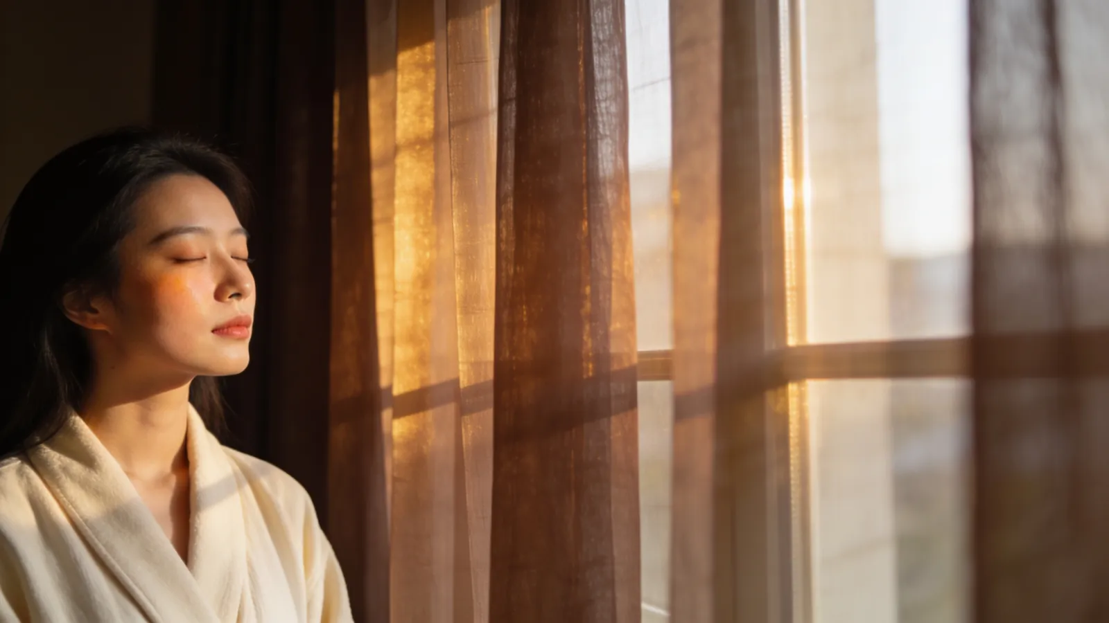 An East Asian woman in her 20s with luminous calm skin — illustrative image