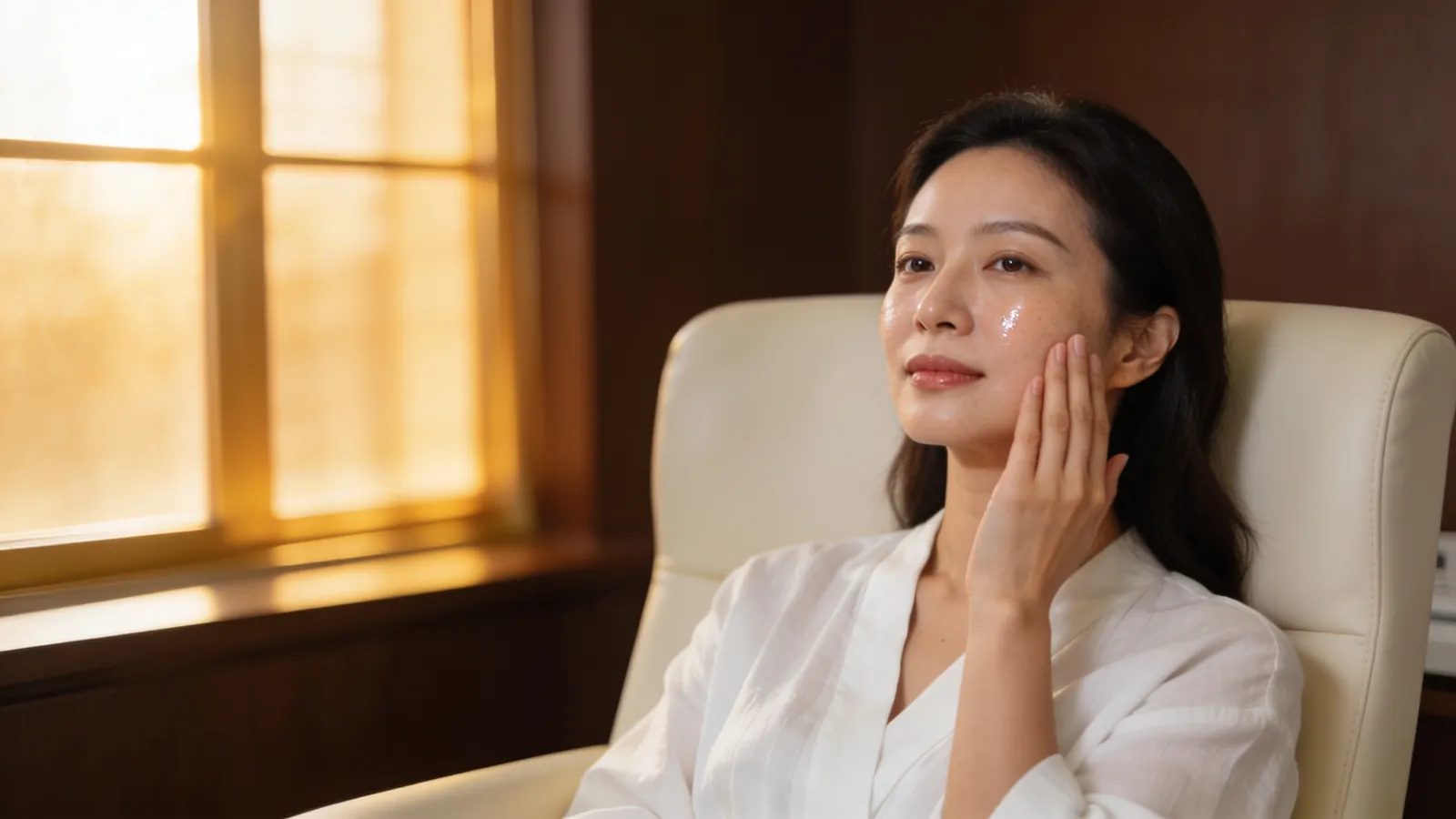 An East Asian woman in her 30s with dewy hydrated skin — illustrative image