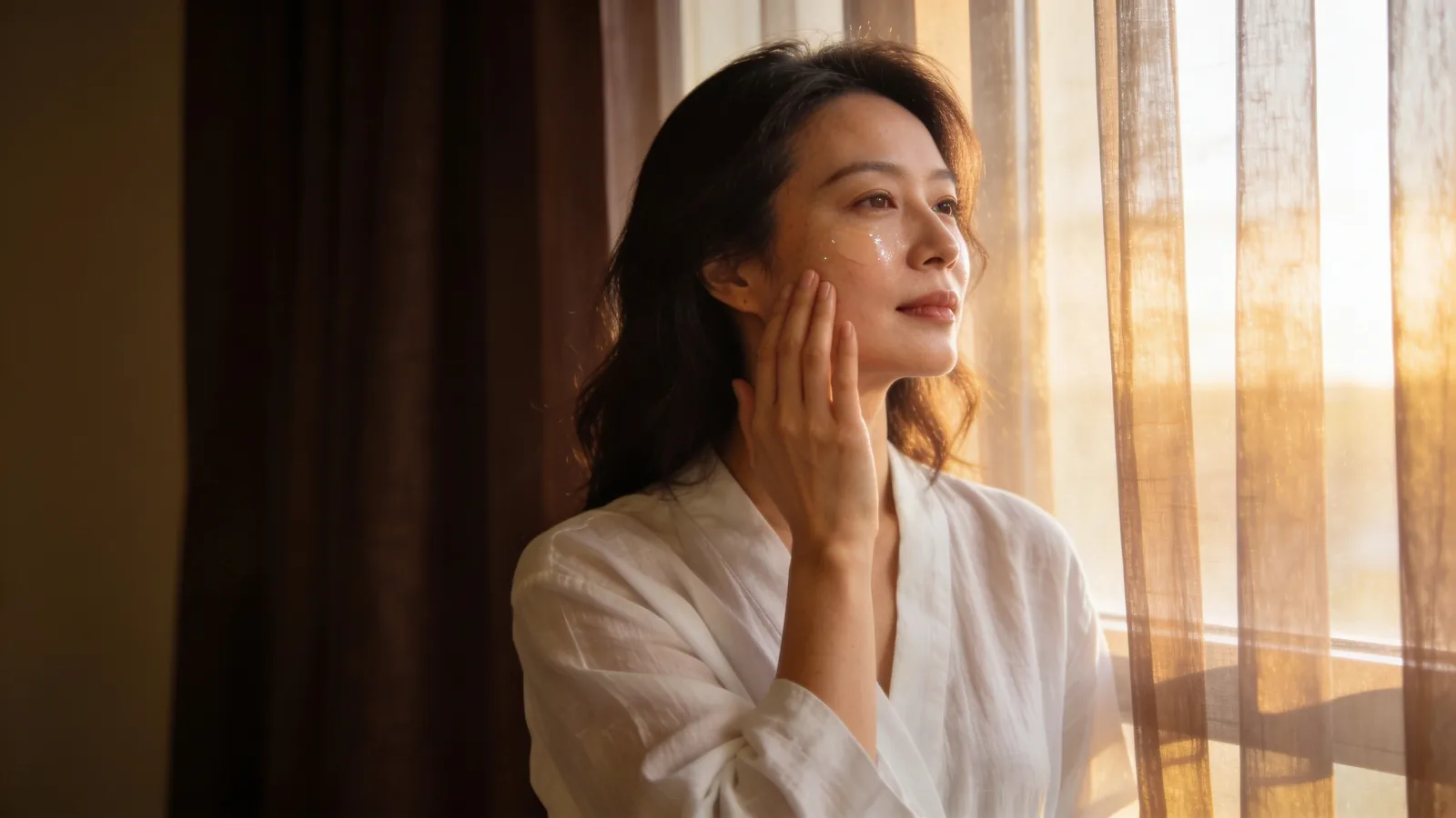 An East Asian woman in her 30s with dewy hydrated skin — illustrative image