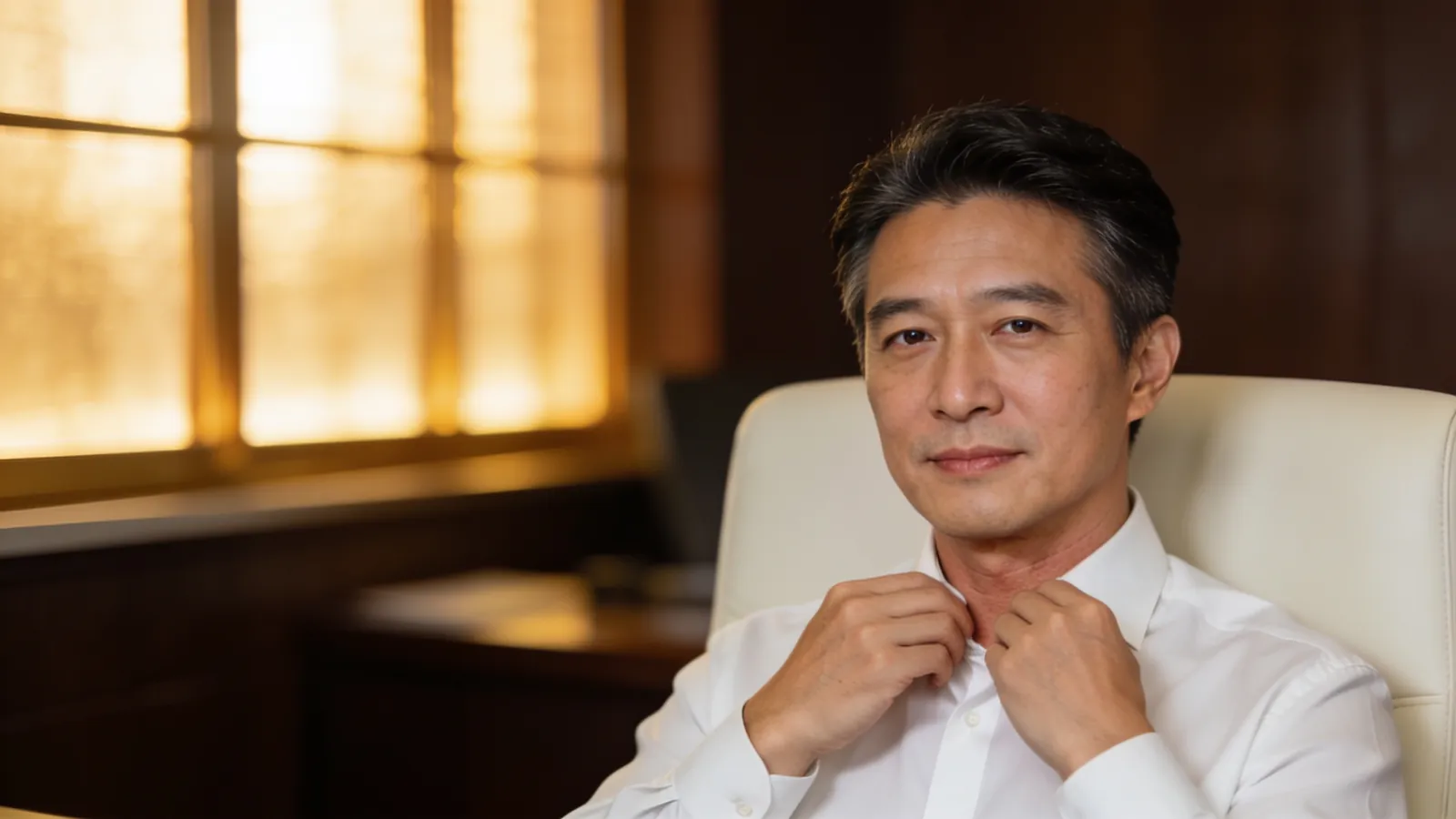 An East Asian man in his 40s in a crisp white shirt adjusting his collar — illustrative image, not a patient