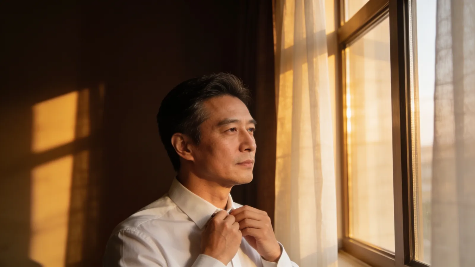 An East Asian man in his 40s in a crisp white shirt adjusting his collar — illustrative image