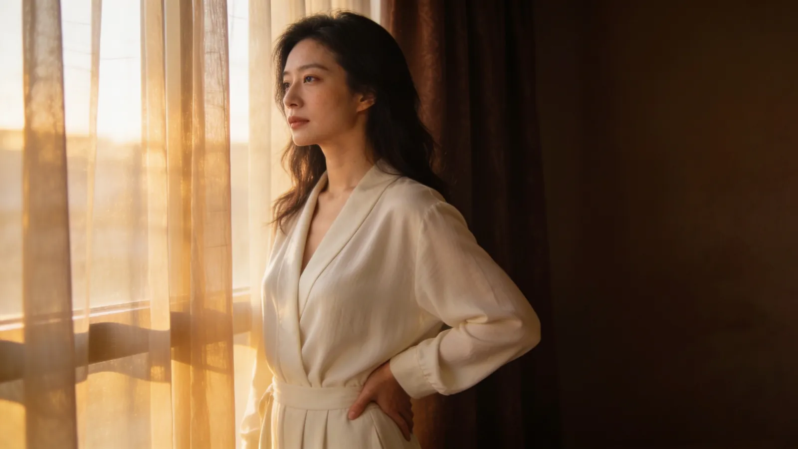 An East Asian woman in cream loungewear resting her hand on her side at the waist — illustrative image