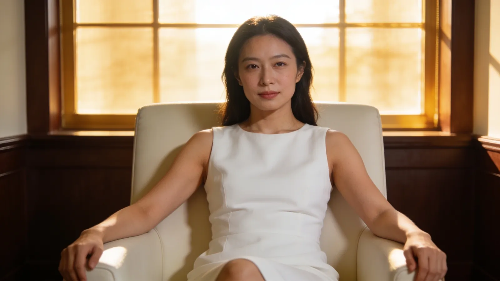 An East Asian woman in a white sleeveless dress with arms relaxed — illustrative image
