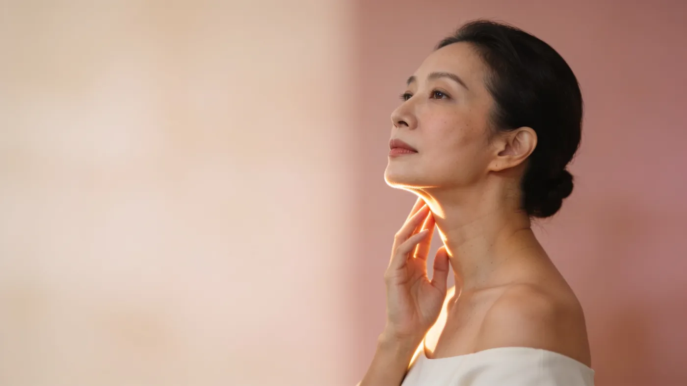 A woman in her forties in three-quarter view with a defined jawline
