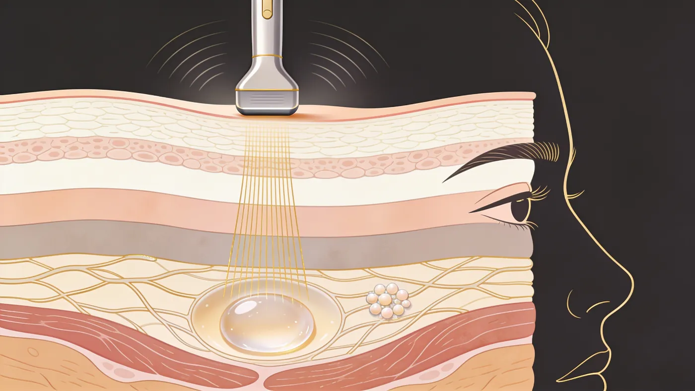 Illustration of dermis, subcutaneous fat and SMAS as stacked layers, not a patient