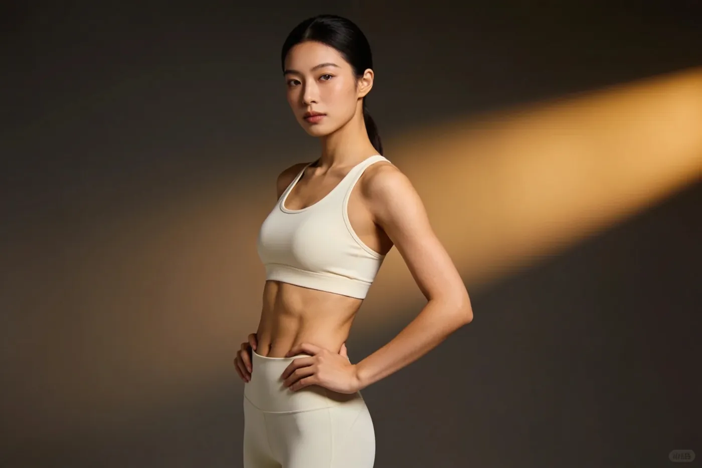 A woman in athletic wear in a bright room