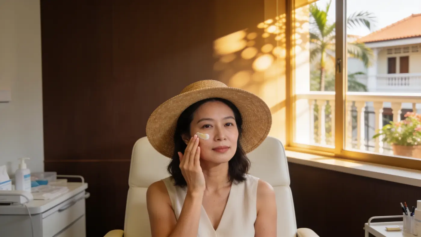 A woman in a wide-brimmed sun hat applying sunscreen in a clinic room