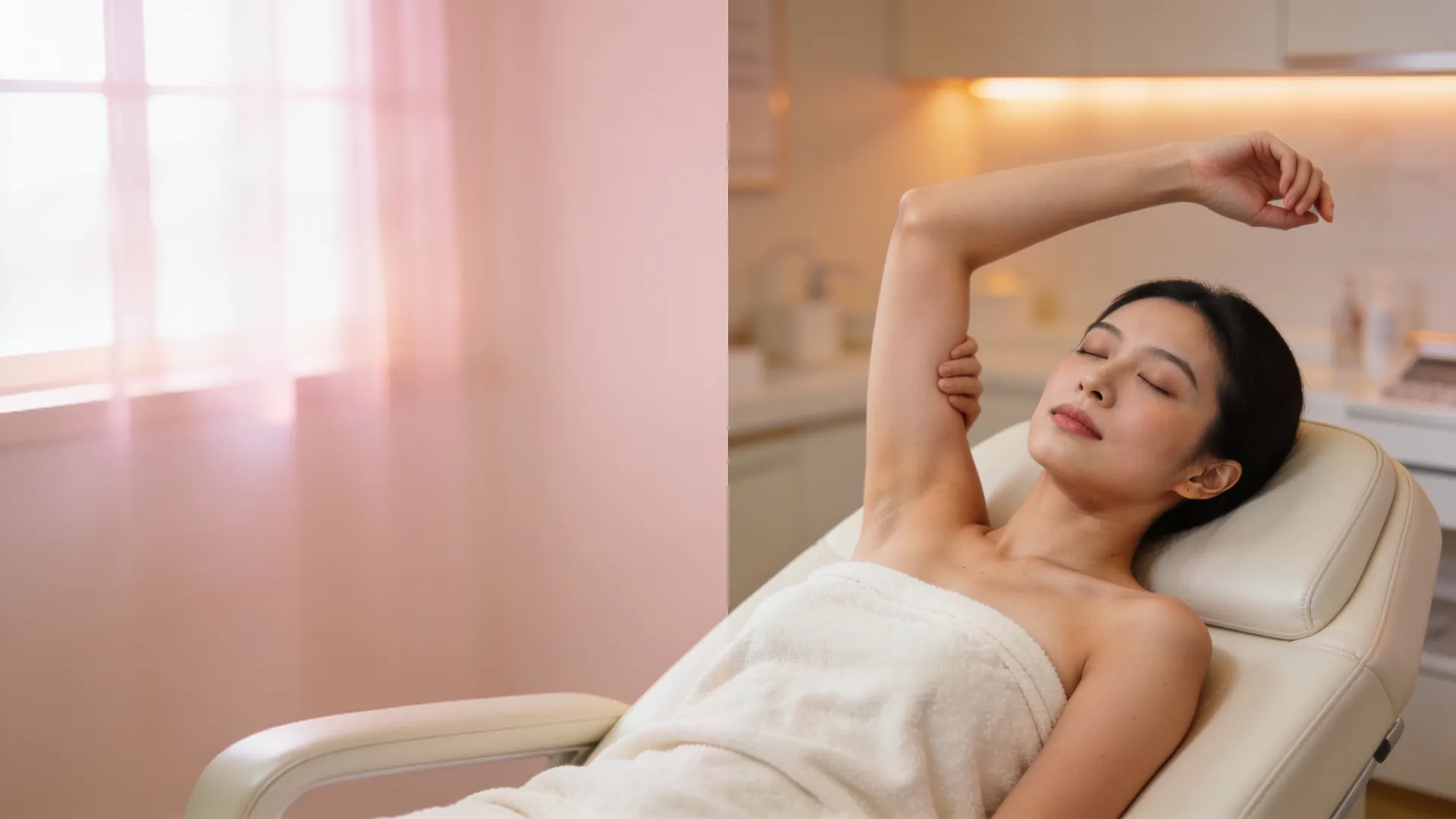 Woman resting in a treatment room with one arm raised, an illustrative image