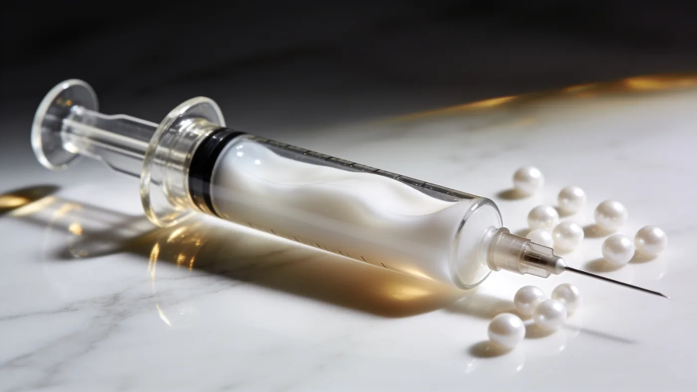 A glass syringe of smooth opaque white gel on white marble with small white spheres beside it