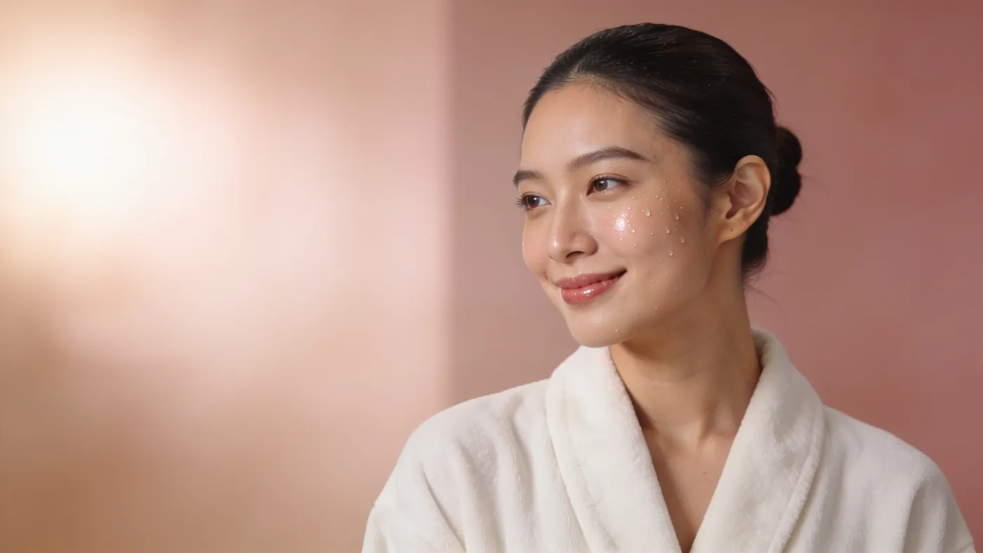 A woman in a cream robe turned toward soft light, her skin showing a natural hydrated sheen